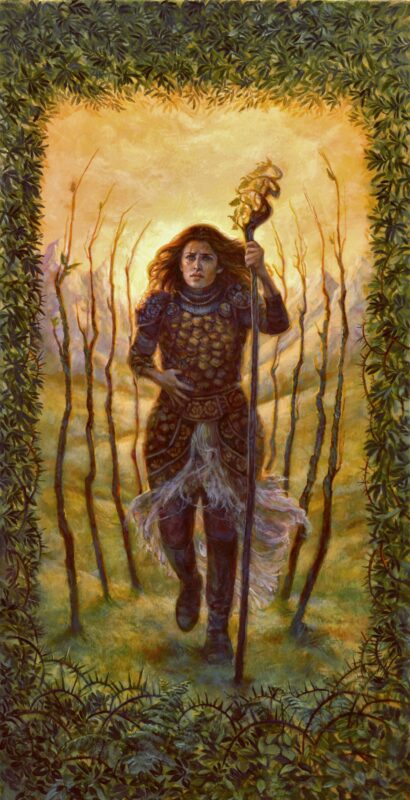 Illustration of 9 of Wands. A sorceress walks towards us, staff on left hand, hand on torso covering a wound. 4 thin trees on each side. Mountains far on the background, yellow sky. A border with leaves and on the bottom of it, thorns start to appear.