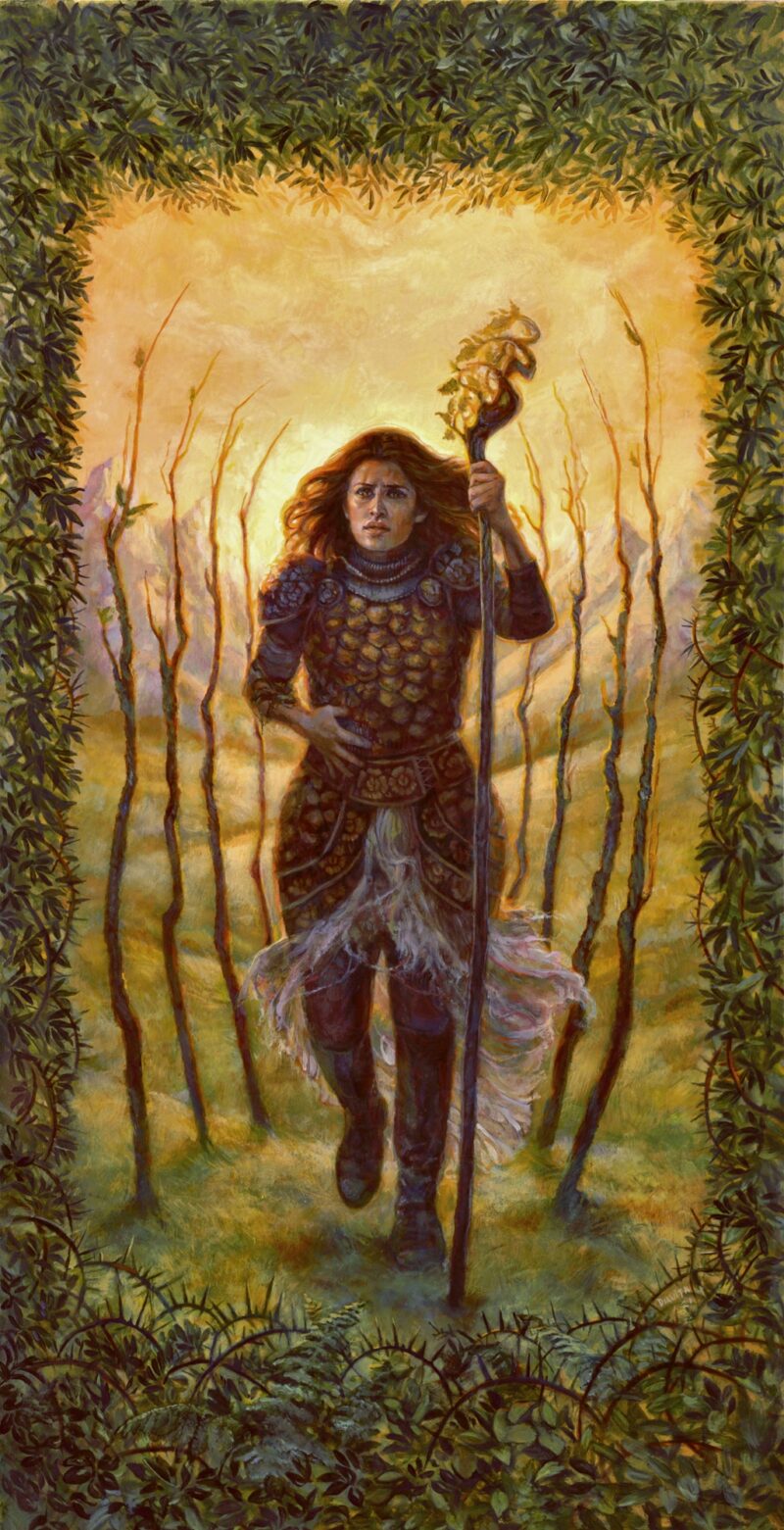 Illustration of 9 of Wands. A sorceress walks towards us, staff on left hand, hand on torso covering a wound. 4 thin trees on each side. Mountains far on the background, yellow sky. A border with leaves and on the bottom of it, thorns start to appear.