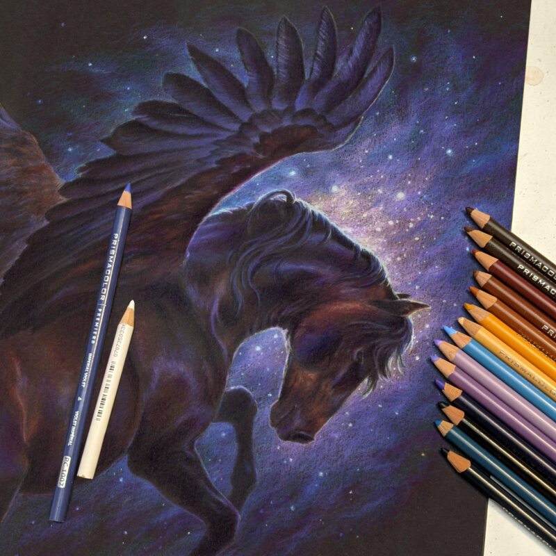 Starsweeper, photo of drawing with colored pencils beside it