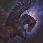 Starsweeper, a colored pencil drawing. A dark pegasus in undertones of soft lavender and rich brown, flying against a background of a vibrant purple nebula.