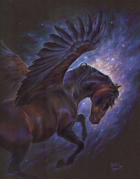 Starsweeper, a colored pencil drawing. A dark pegasus in undertones of soft lavender and rich brown, flying against a background of a vibrant purple nebula.