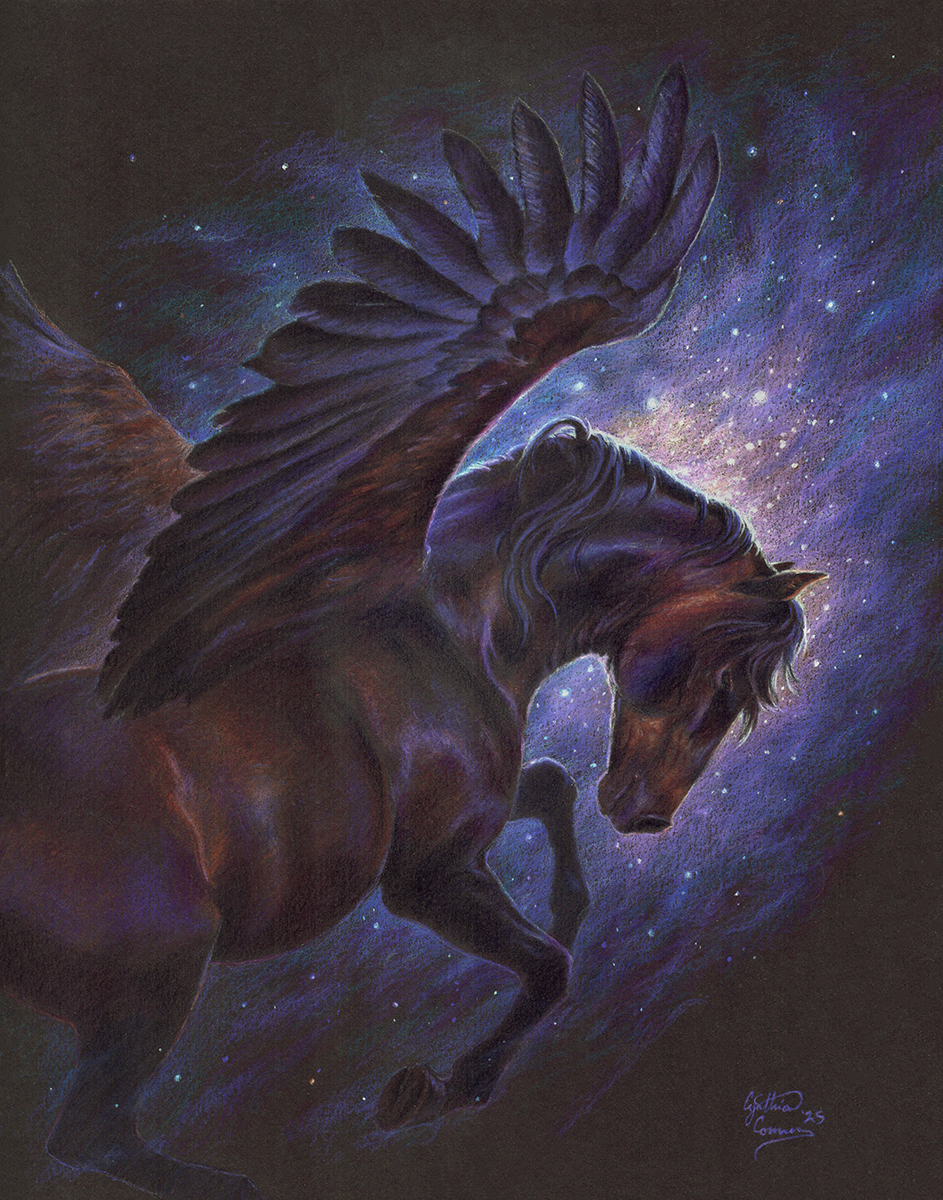 Starsweeper, a colored pencil drawing. A dark pegasus in undertones of soft lavender and rich brown, flying against a background of a vibrant purple nebula.