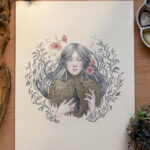 Watercolour painting in pastel colours of a female character surrounded by leaves and flower, her torso is a tree trunk that shows a crack in the chest from which new sprouts emerge