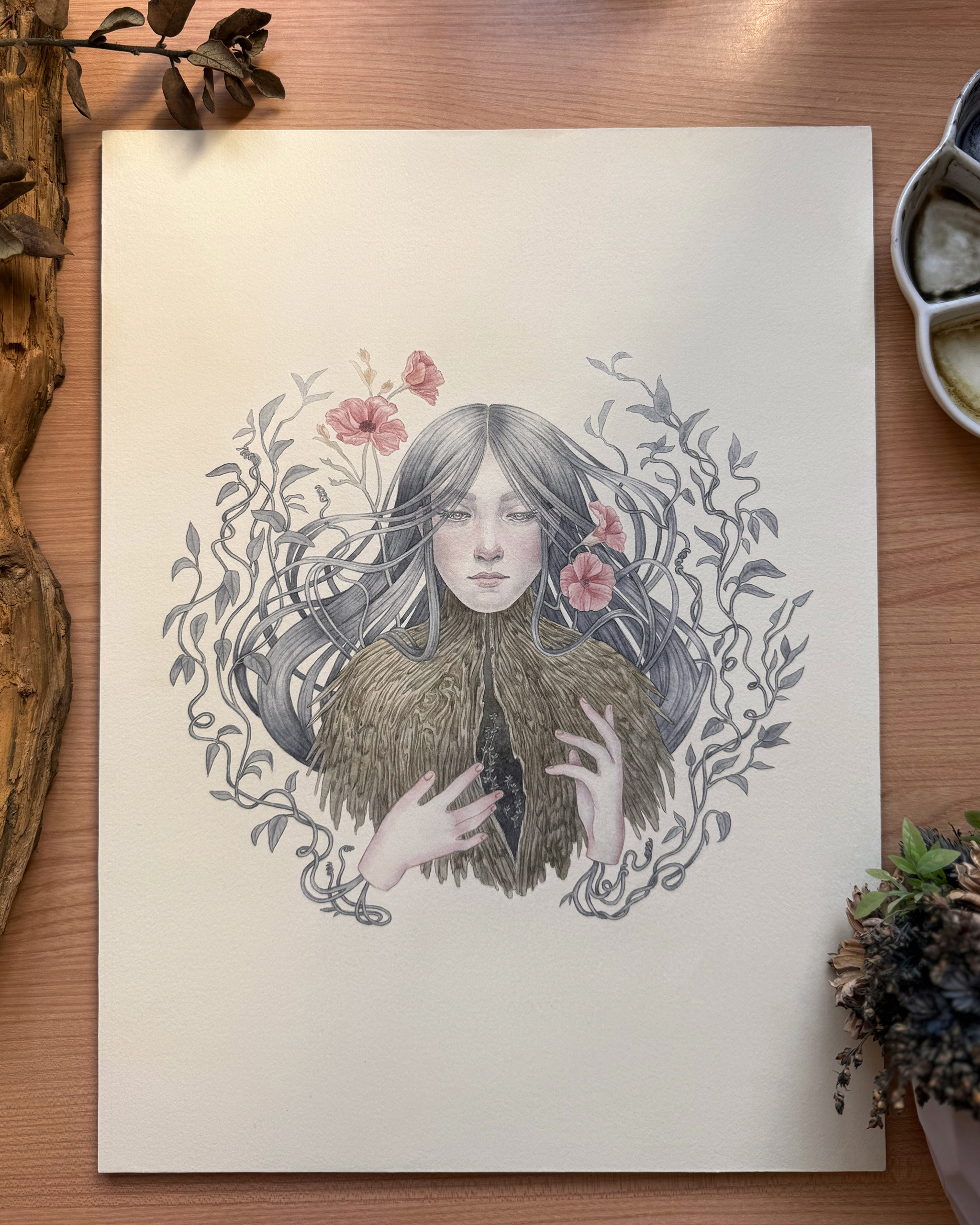 Watercolour painting in pastel colours of a female character surrounded by leaves and flower, her torso is a tree trunk that shows a crack in the chest from which new sprouts emerge