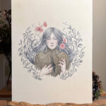 Watercolour painting in pastel colours of a female character surrounded by leaves and flower, her torso is a tree trunk that shows a crack in the chest from which new sprouts emerge