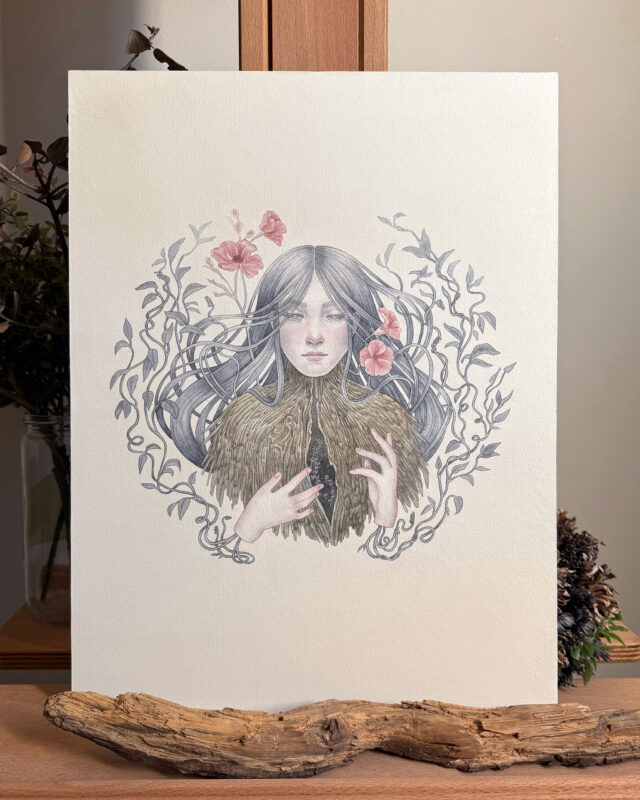 Watercolour painting in pastel colours of a female character surrounded by leaves and flower, her torso is a tree trunk that shows a crack in the chest from which new sprouts emerge