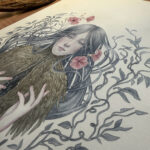 Watercolour painting in pastel colours of a female character surrounded by leaves and flower, her torso is a tree trunk that shows a crack in the chest from which new sprouts emerge