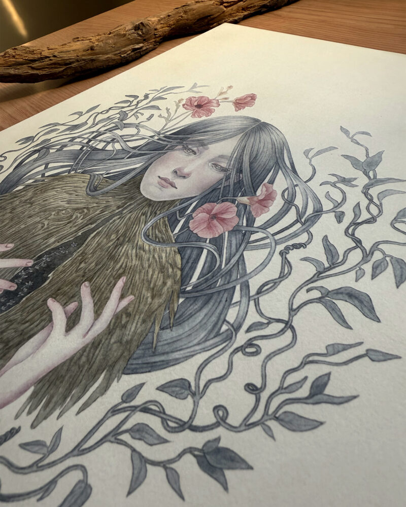 Watercolour painting in pastel colours of a female character surrounded by leaves and flower, her torso is a tree trunk that shows a crack in the chest from which new sprouts emerge