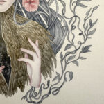 Watercolour painting in pastel colours of a female character surrounded by leaves and flower, her torso is a tree trunk that shows a crack in the chest from which new sprouts emerge