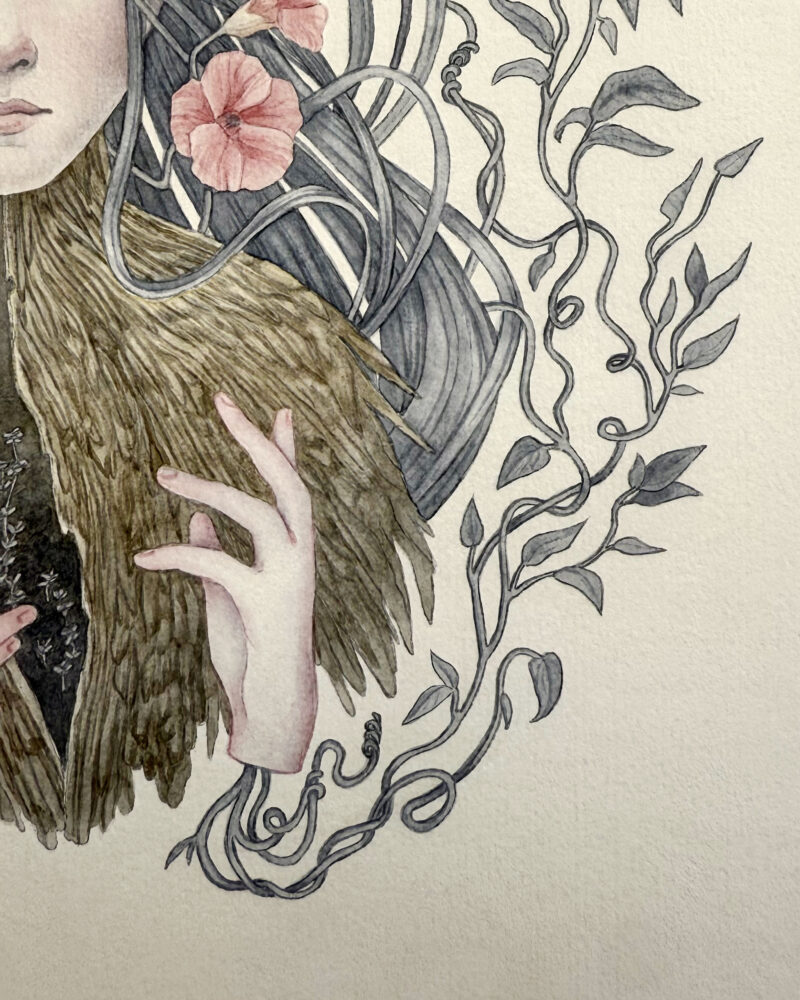 Watercolour painting in pastel colours of a female character surrounded by leaves and flower, her torso is a tree trunk that shows a crack in the chest from which new sprouts emerge