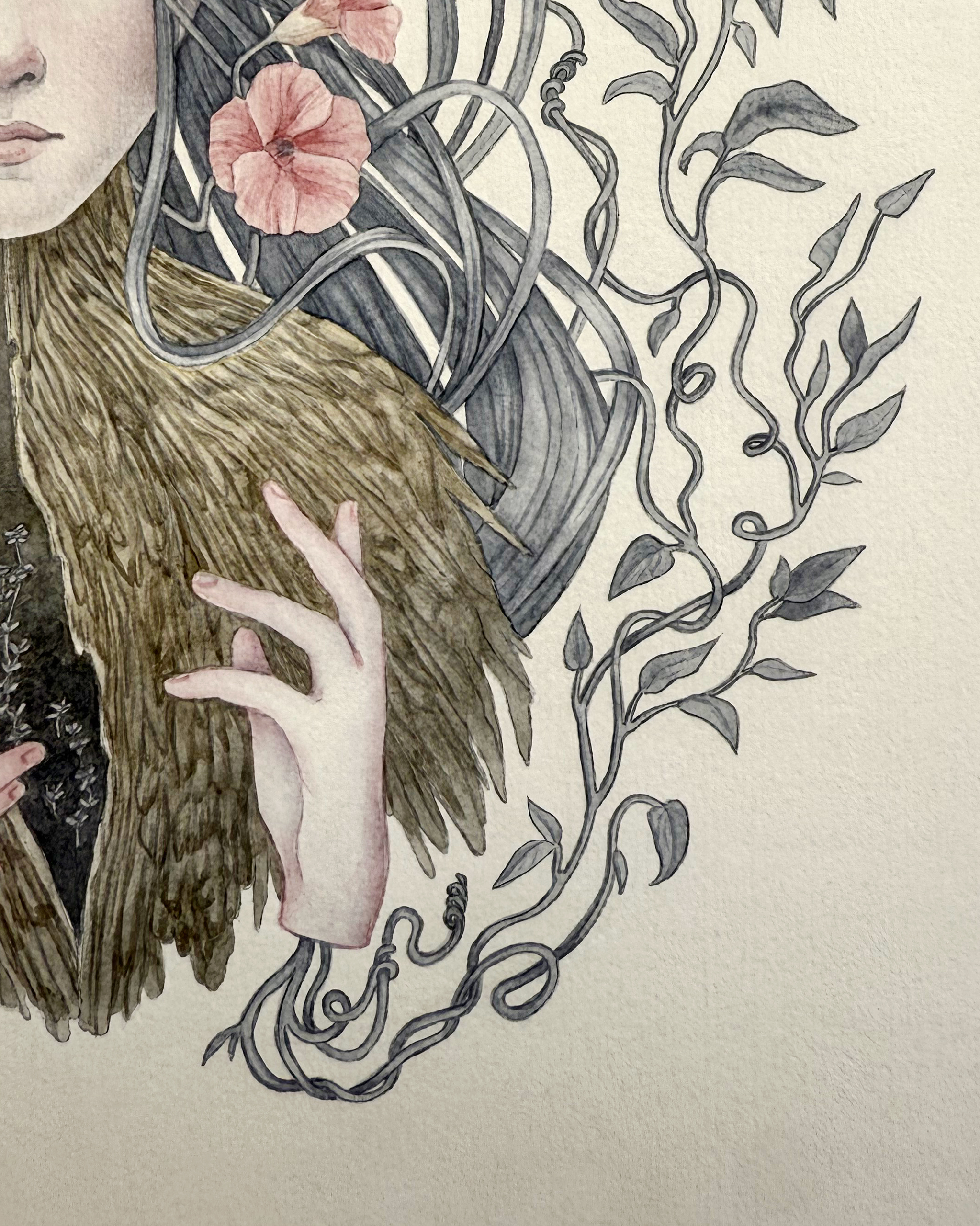 Watercolour painting in pastel colours of a female character surrounded by leaves and flower, her torso is a tree trunk that shows a crack in the chest from which new sprouts emerge