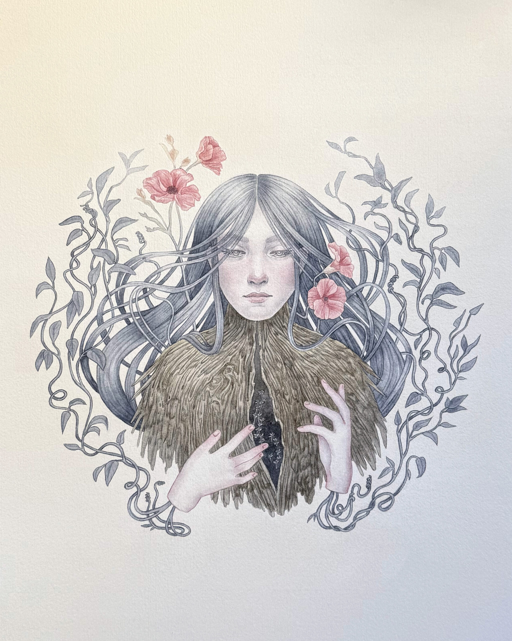 Watercolour painting in pastel colours of a female character surrounded by leaves and flower, her torso is a tree trunk that shows a crack in the chest from which new sprouts emerge