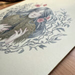 Watercolour painting in pastel colours of a female character surrounded by leaves and flower, her torso is a tree trunk that shows a crack in the chest from which new sprouts emerge