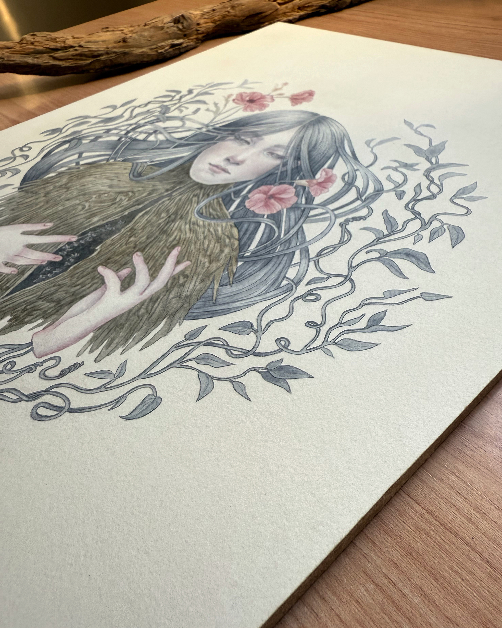 Watercolour painting in pastel colours of a female character surrounded by leaves and flower, her torso is a tree trunk that shows a crack in the chest from which new sprouts emerge