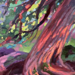 Close-up detail of an oil painting showing vibrant brushstrokes of a cedar tree trunk, roots, and dappled green foliage in expressive, colorful strokes.