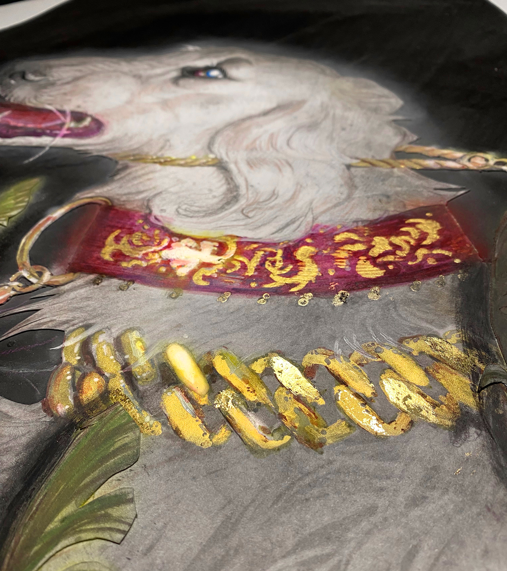 Detail view of a fantasy borzoi adorned in shining gold caught in a cameras bright flash while standing in tall grass. painting on a Quatrefoil found object.