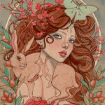 Art Nouveau portrait of brunette woman with a green lunar moth above her and a hare companion around her neck.