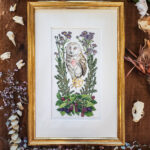 Watercolor and graphite illustration depicting a barn owl as a witches familiar, clutching in one claw a gold leaf pentagram. This piece features the owl familiar surrounded by different plants that symbolize and attract them: blackberries, aster, and pine.