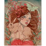 Art Nouveau portrait of brunette woman with a green lunar moth above her and a hare companion around her neck.