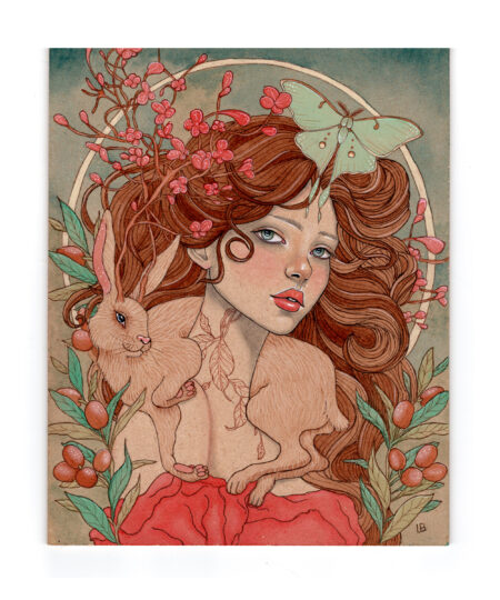 Art Nouveau portrait of brunette woman with a green lunar moth above her and a hare companion around her neck.