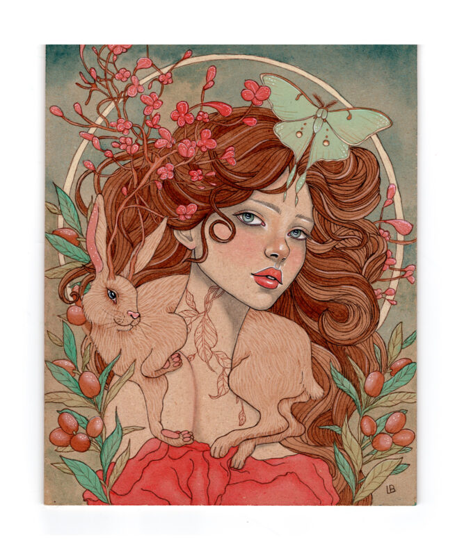 Art Nouveau portrait of brunette woman with a green lunar moth above her and a hare companion around her neck.