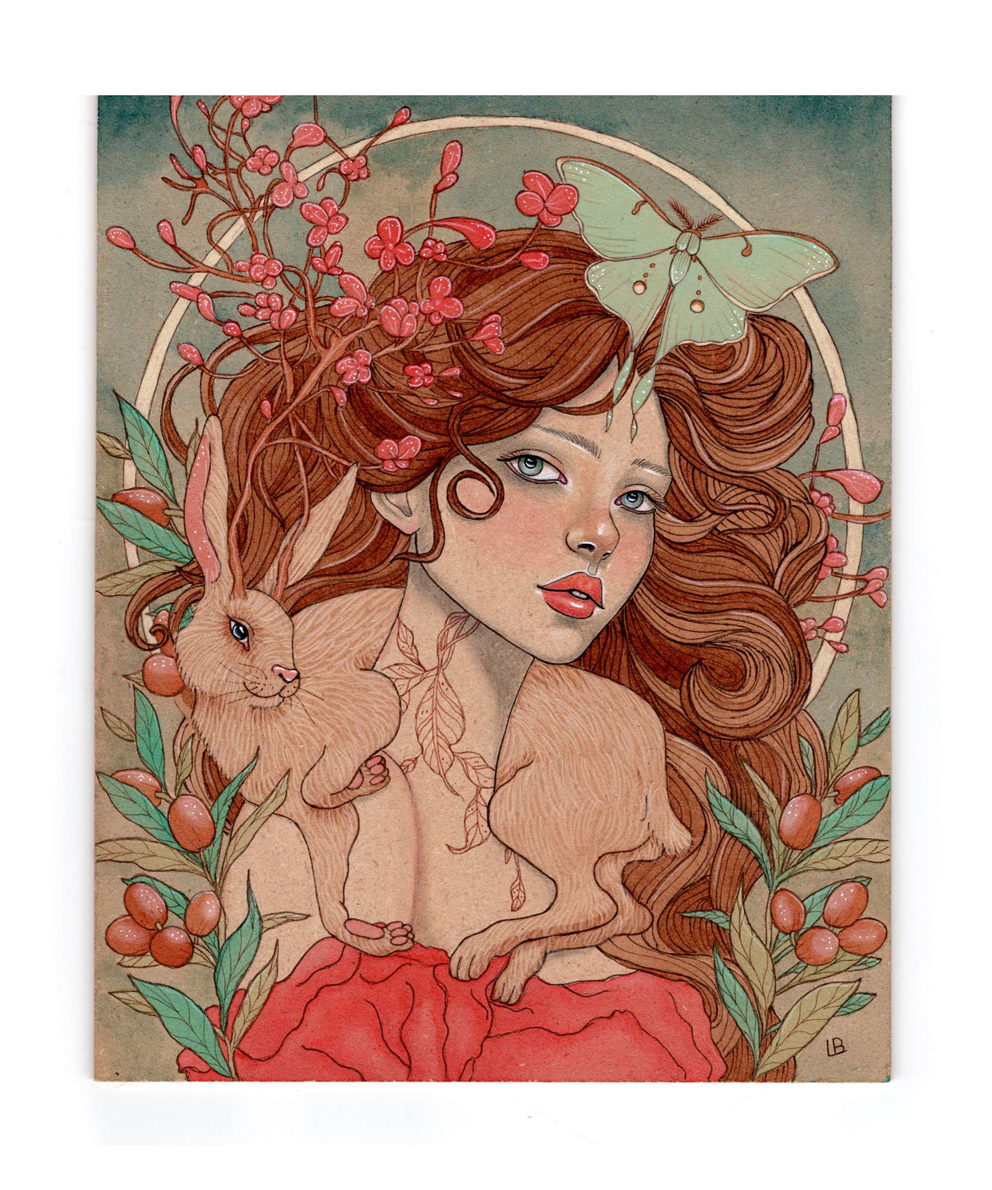 Art Nouveau portrait of brunette woman with a green lunar moth above her and a hare companion around her neck.