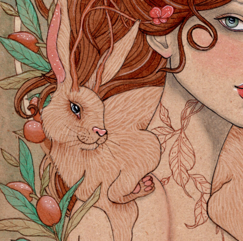 Close up of Tan hare and some foliage