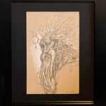 a picture of teh framed drawing of Treebeard. BLack custom mat and a black frame highlight it well.