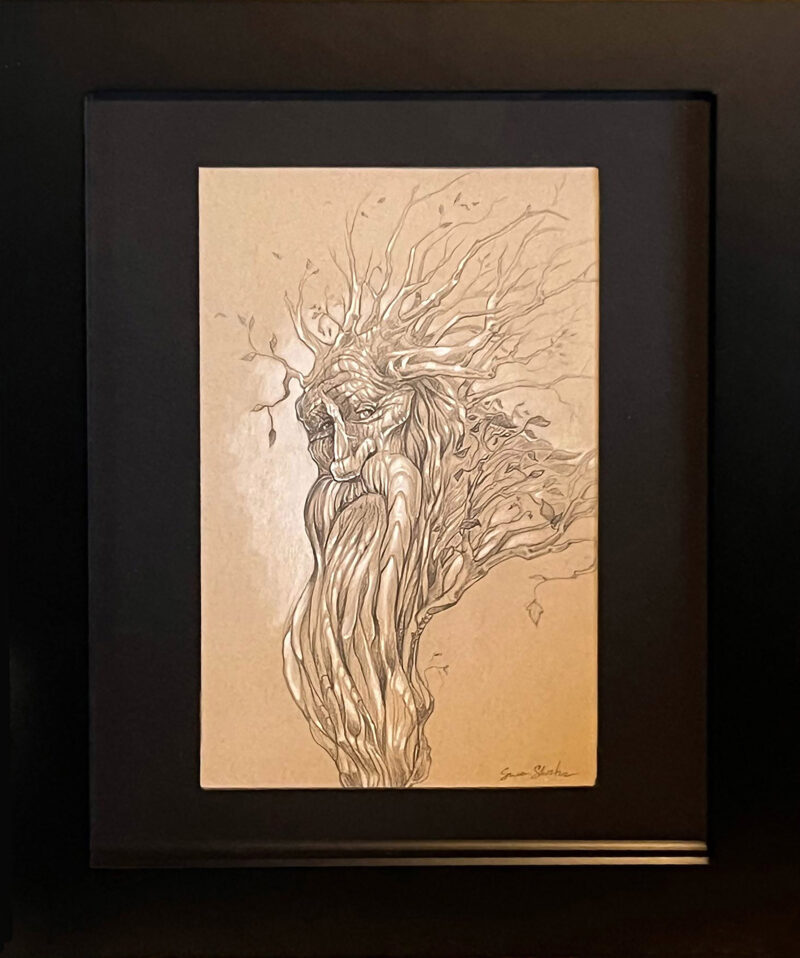 a picture of teh framed drawing of Treebeard. BLack custom mat and a black frame highlight it well.