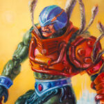 detail of Technocrat's End, a 2025 oil painting on shaped panel, painted by Dan Cohen