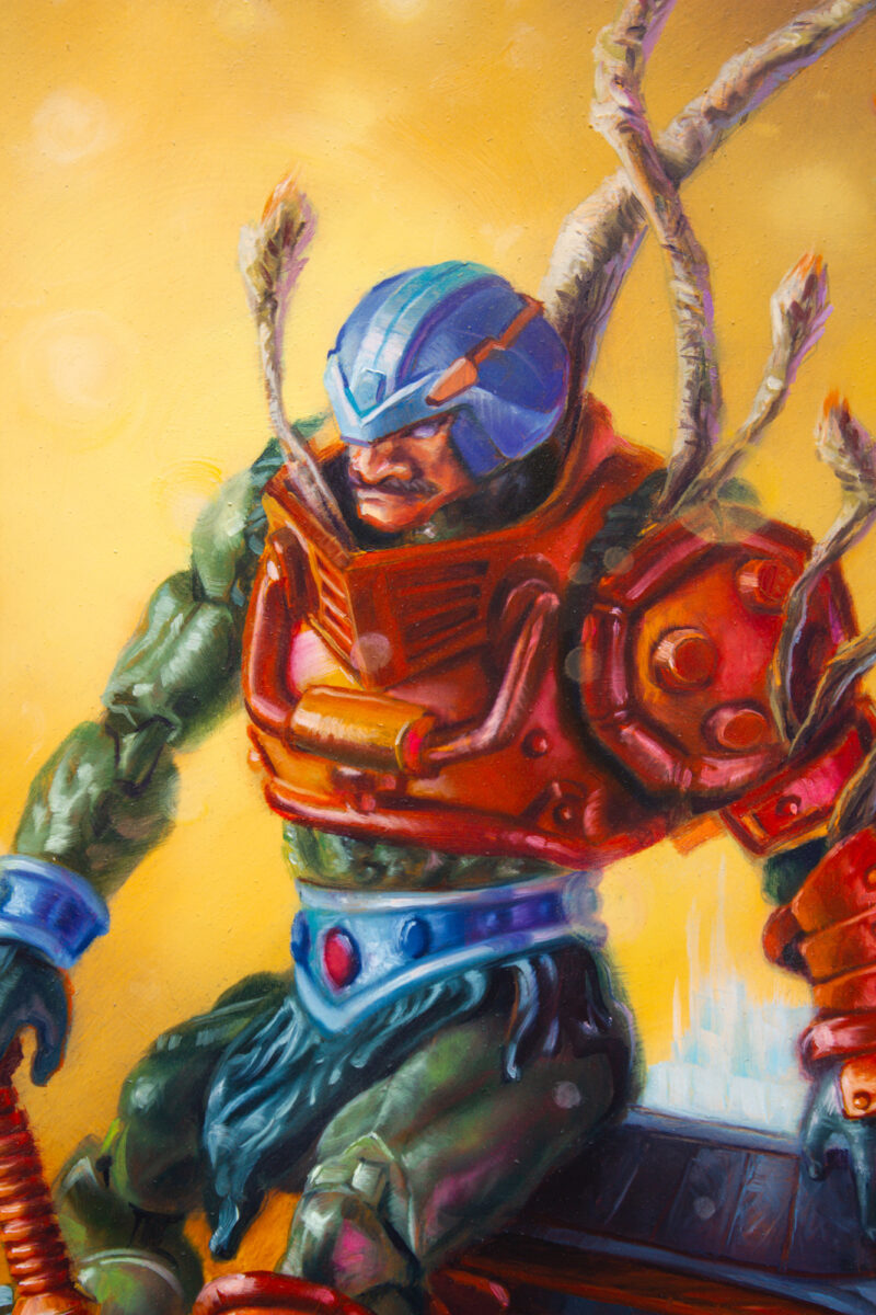 detail of Technocrat's End, a 2025 oil painting on shaped panel, painted by Dan Cohen