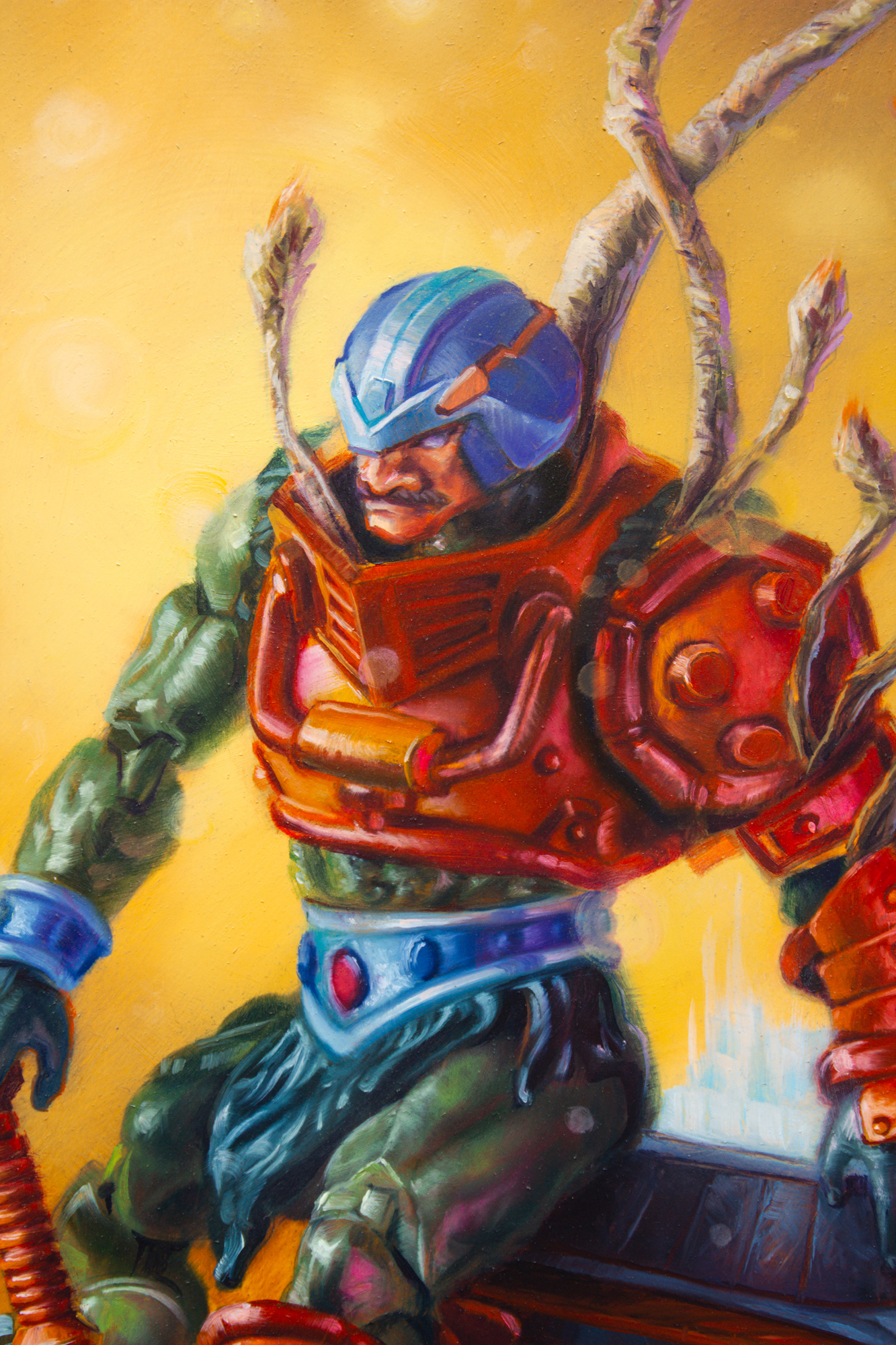 detail of Technocrat's End, a 2025 oil painting on shaped panel, painted by Dan Cohen