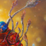 detail of Technocrat's End, a 2025 oil painting on shaped panel, painted by Dan Cohen
