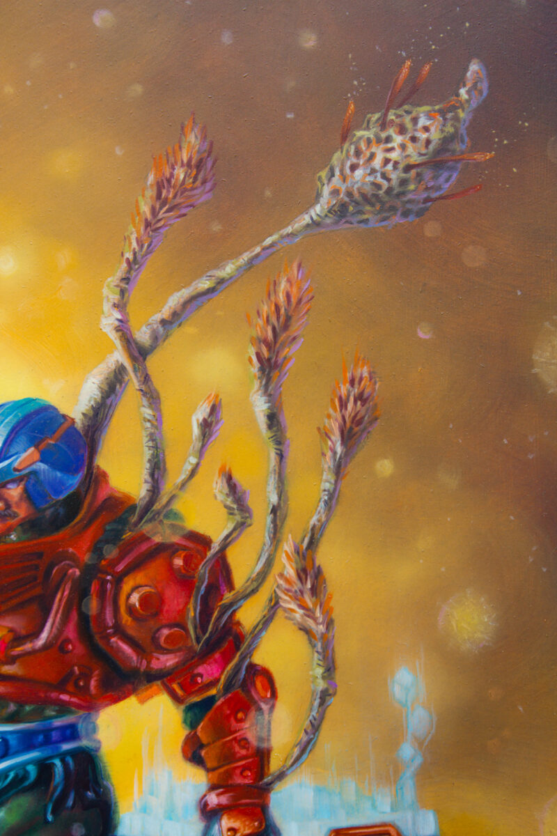 detail of Technocrat's End, a 2025 oil painting on shaped panel, painted by Dan Cohen