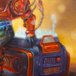 detail of Technocrat's End, a 2025 oil painting on shaped panel, painted by Dan Cohen