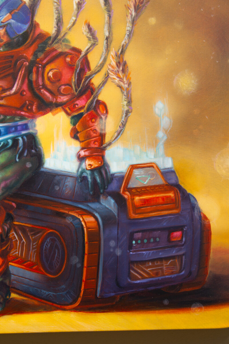 detail of Technocrat's End, a 2025 oil painting on shaped panel, painted by Dan Cohen