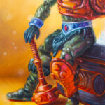 detail of Technocrat's End, a 2025 oil painting on shaped panel, painted by Dan Cohen