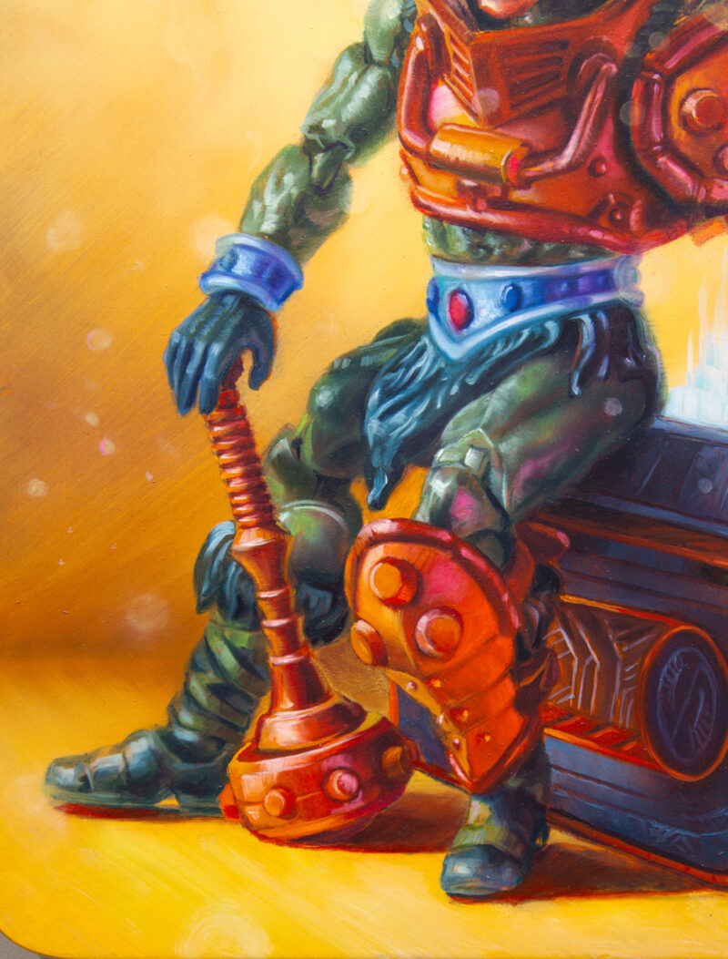 detail of Technocrat's End, a 2025 oil painting on shaped panel, painted by Dan Cohen