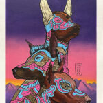 3 Xoloitzcuintli dogs in gold leaf, magenta cyan blue. In the background is a sunset of purple and pink and a hint of Indian yellow. The dogs have patterns that are vaguely floral.