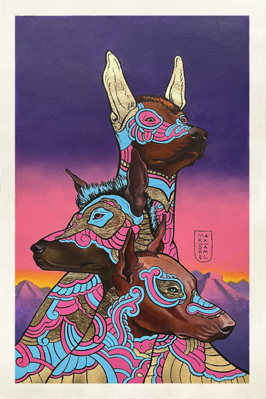 3 Xoloitzcuintli dogs in gold leaf, magenta cyan blue. In the background is a sunset of purple and pink and a hint of Indian yellow. The dogs have patterns that are vaguely floral.