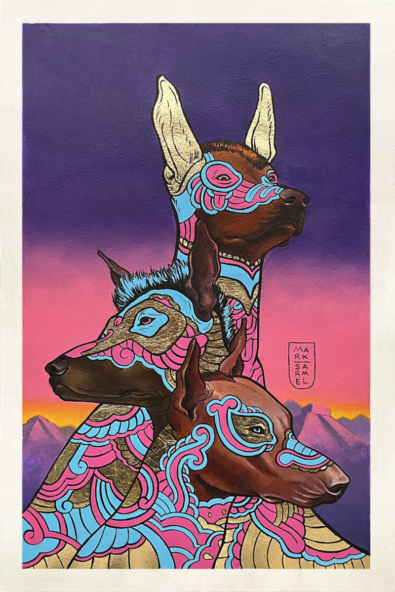 3 Xoloitzcuintli dogs in gold leaf, magenta cyan blue. In the background is a sunset of purple and pink and a hint of Indian yellow. The dogs have patterns that are vaguely floral.