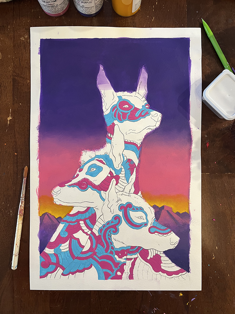 An in process image of the Xolo dog painting