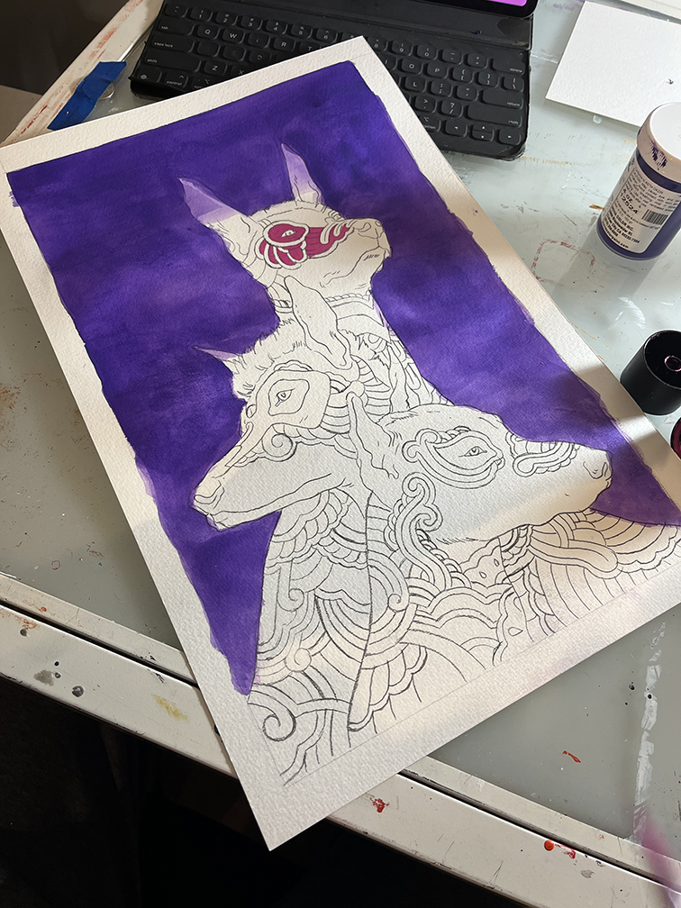 An in process image of the Xolo dog painting