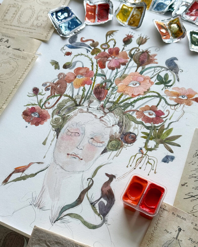 Whimsical Watercolour painting of a a woman with closed eyes with her dreams and aspiration overflowing from her head.