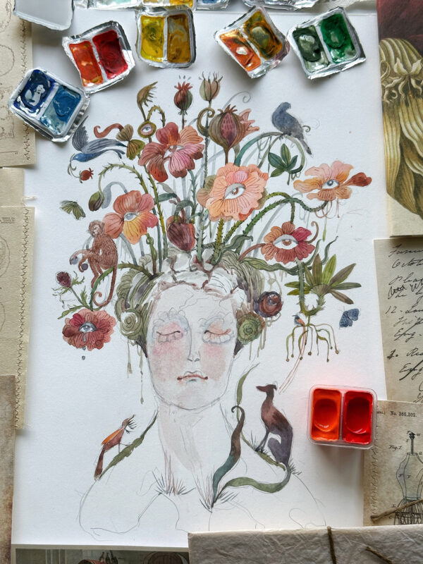 Whimsical Watercolour painting of a a woman with closed eyes with her dreams and aspiration overflowing from her head.