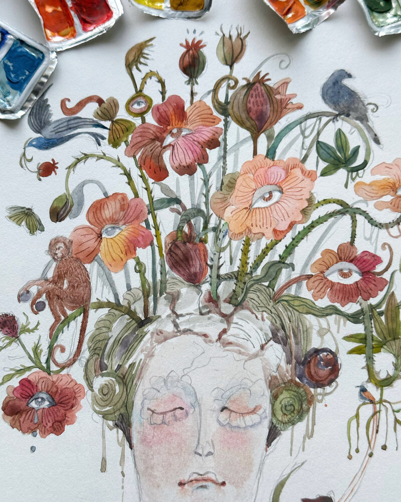 Whimsical Watercolour painting of a a woman with closed eyes with her dreams and aspiration overflowing from her head.