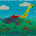 yellow and red gummie candy plesiosaur in front of a blue sky swimming in green water surrounded by colorful gummie candy fish