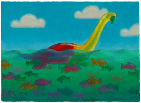yellow and red gummie candy plesiosaur in front of a blue sky swimming in green water surrounded by colorful gummie candy fish
