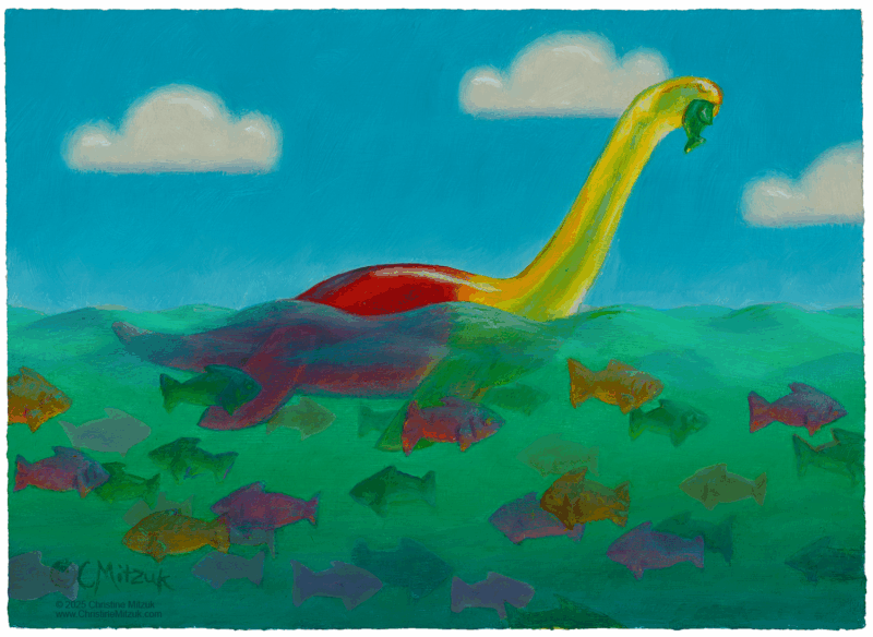 yellow and red gummie candy plesiosaur in front of a blue sky swimming in green water surrounded by colorful gummie candy fish