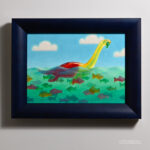 framed painting of a yellow and red gummie candy plesiosaur in front of a blue sky swimming in green water surrounded by colorful gummie candy fish